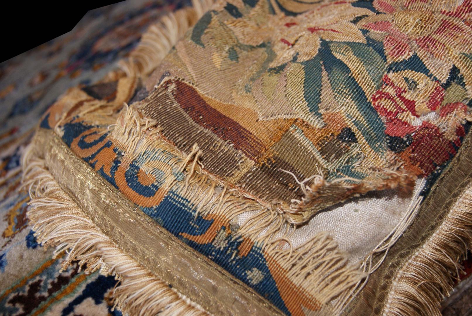 French Aubusson tapestry Pillow restoration before