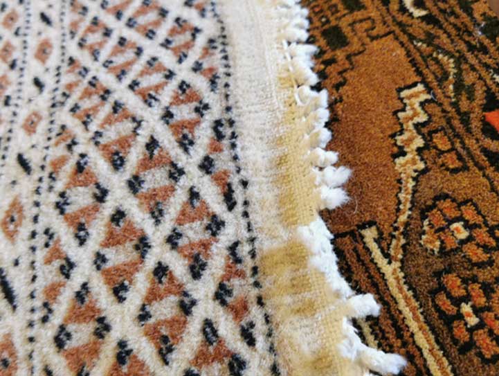 Pakistani Bokhara Hand Knotted Rug Fringe repairs -before