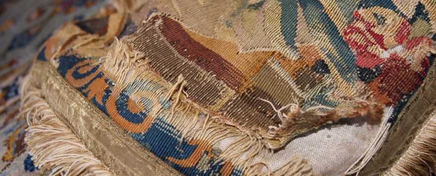 French Aubusson tapestry Pillow restoration before