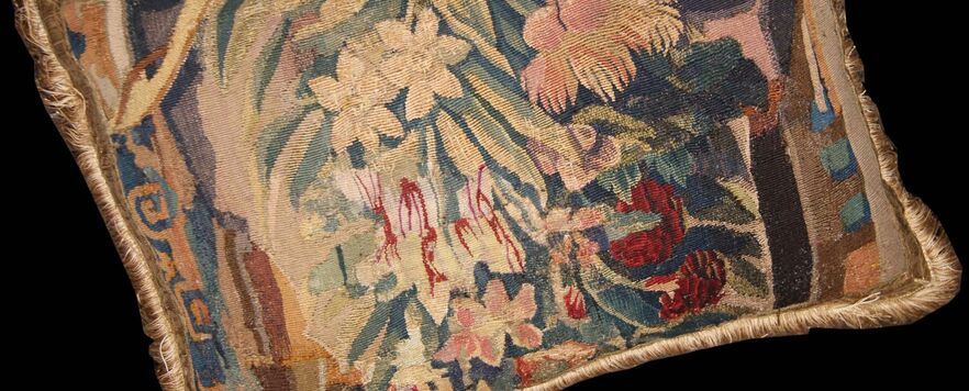 French Aubusson tapestry Pillow restoration before