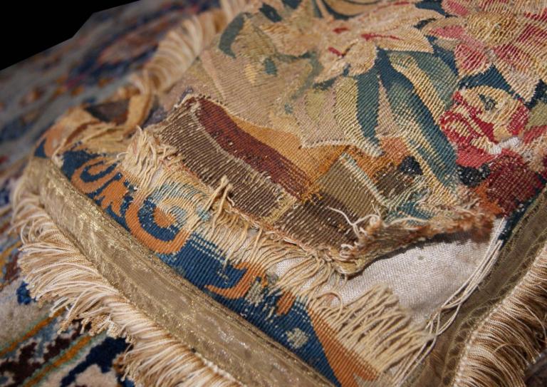 French Aubusson tapestry Pillow restoration before