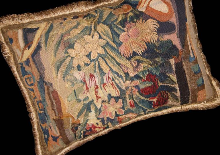 French Aubusson tapestry Pillow restoration before