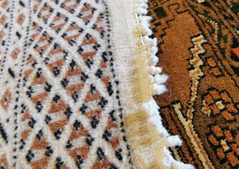 Pakistani Bokhara Hand Knotted Rug Fringe repairs -before